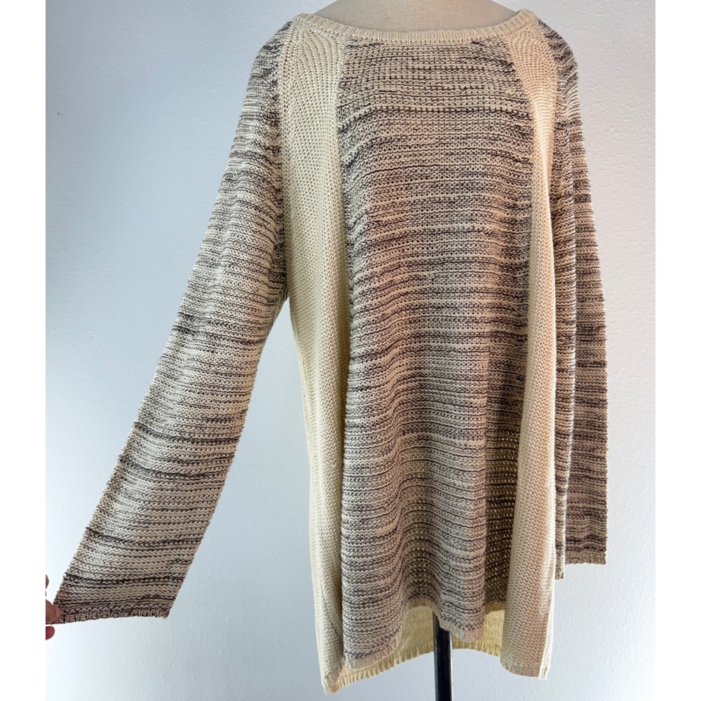 Y2K One World Tunic Sweater Boho Marled Knit Cream Brown Oversized Longline